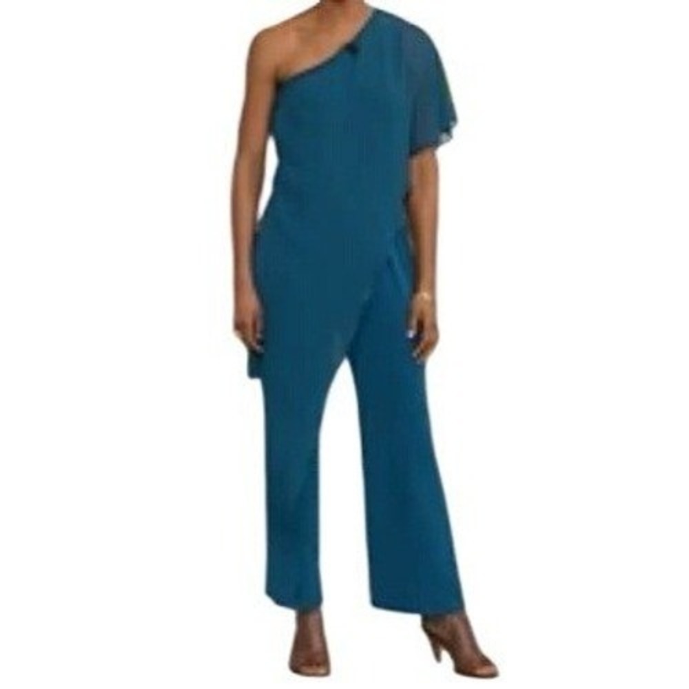 Colleen Lopez Jumpsuit 3X One Shoulder Women's‎ Teal Sheer Overlay NWOT Lined